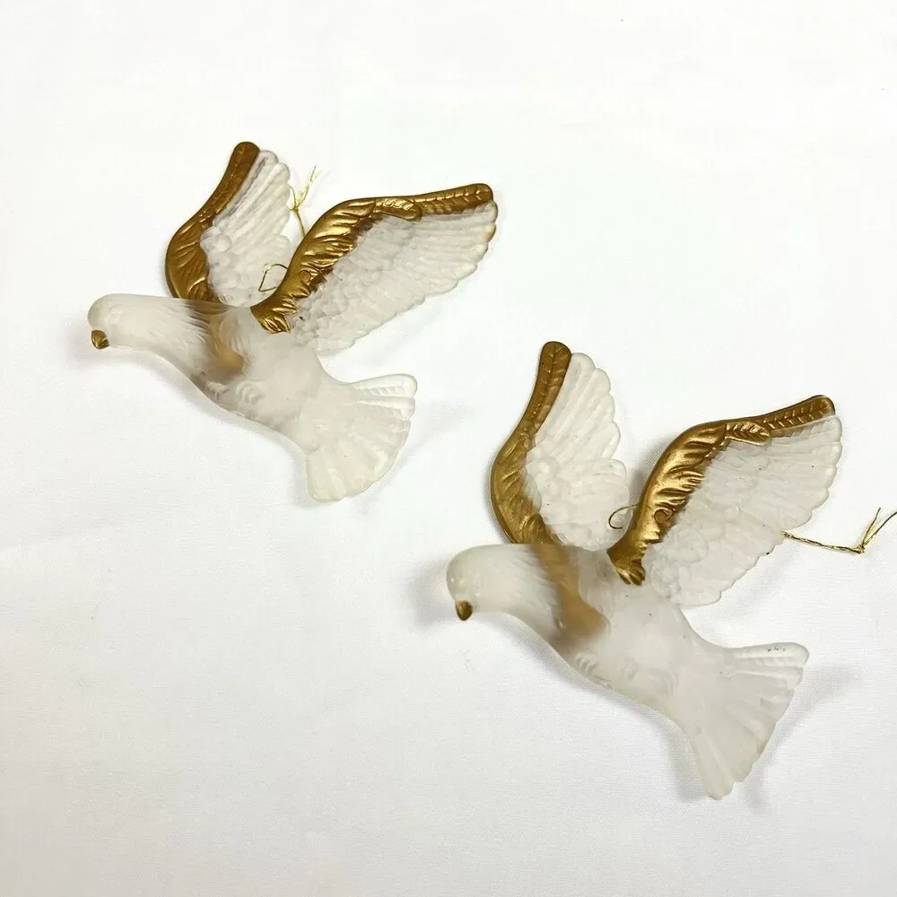 VTG Clear Frosted Acrylic Christmas Ornaments Gold Trim 13pc LOT Santa Dove Bell